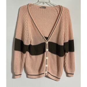 Deb Chunky Knit Cardigan Sweater Medium Peach Brown Preppy Academia Vintage 80s